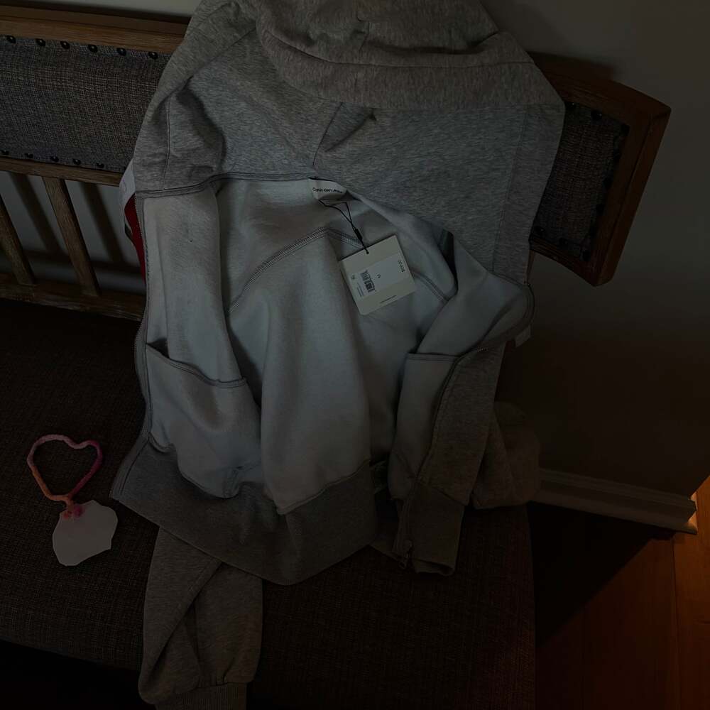 Calvin Klein Jeans Heather Grey Full-Zip Hoodie with Taped Logo Interior